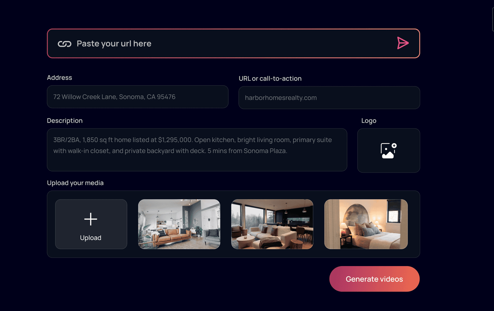Paste your Zillow link or upload your photos